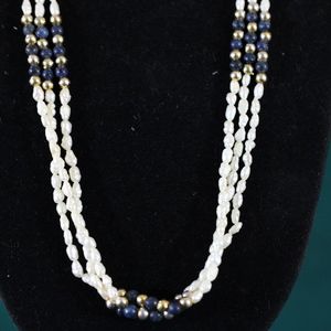 White Seed Pearl Gold Lapis Necklace Bracelet Set